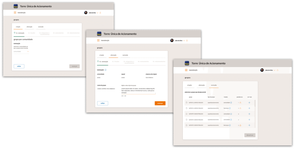 Screens that enable CRUD functionalities on the platform, including creating, viewing, updating, and deleting groups.