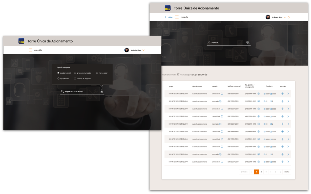 Home page with search field and filter for employee, group/community, supplier, acronym/routine, and business service.